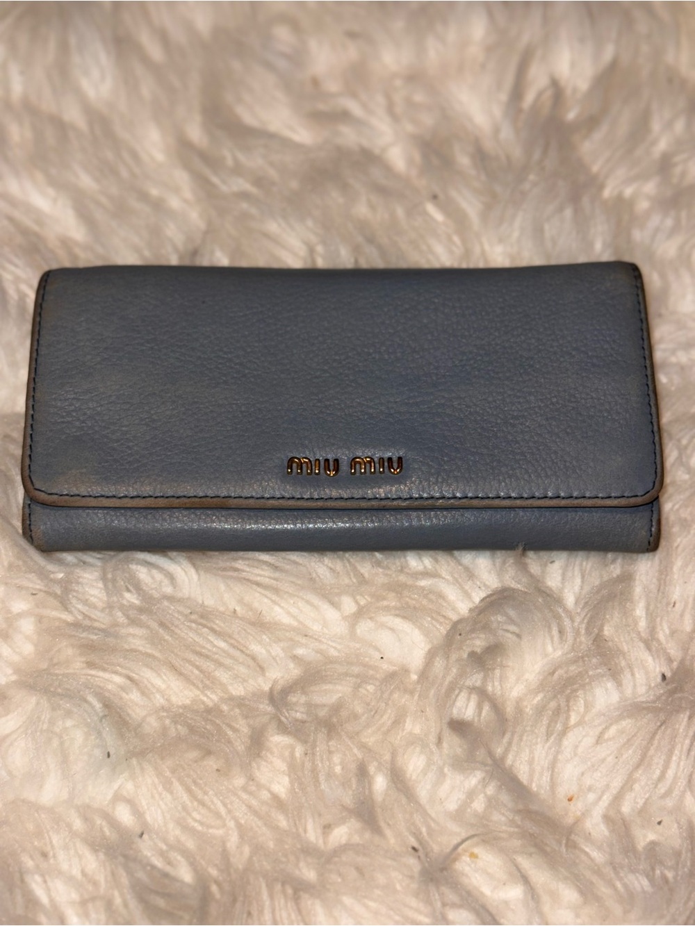 Miu Miu Blue Leather Continental Wallet Gold Logo Plaid Lining